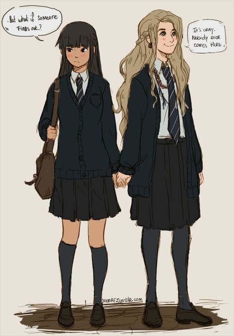 Cho Chang X Luna Lovegood, Luna X Harry, Cho Chang Fanart, Hogwarts Oc Art, Luna Lovegood Fanart, Luna Lovegood Art, Hogwarts Uniform, Κούρεμα Bob, Harry Potter Oc