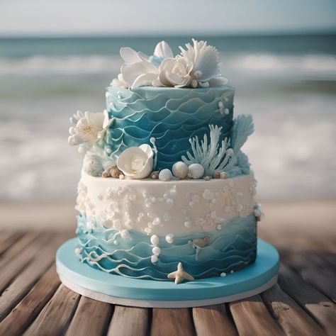 Wedding Cakes Beach Theme, Wedding Cake Ocean Theme, Beachy Wedding Cake, Beach Themed Birthday Cakes, Sea Cake Ideas, Beach Cake Ideas, Ocean Cake Ideas, Beach Theme Birthday Cake, Beach Wedding Cake Ideas