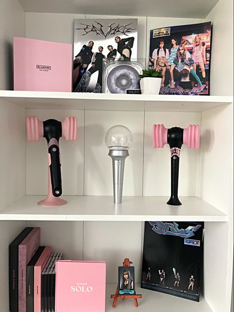 Blackpink Shelf, Pink Lightstick, Blackpink Lightstick, Collection Shelf, Blackpink Merch, Blink Book, Light Stick, Pinterest Room Decor, Cute Room Ideas