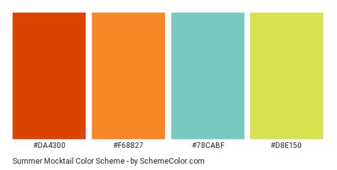 Download Summer Mocktail color scheme consisting of #da4300, #f68827, #78cabf and #d8e150. This 4 colors palette has been categorised in Aqua, Green, Orange and Yellow color categories. Lime Green Turquoise Color Palette, Mint Color Palettes, Color Categories, Summer Mocktail, Yellow Color Combinations, Orange Palette, Turquoise Color Palette, Orange Color Schemes, Green Tangerine