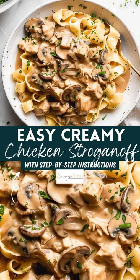 Enjoy Chicken Stroganoff with a tangy sour cream sauce, tender golden chicken, and hearty mushrooms. This easy comfort food is perfect for a weeknight dinner and ideal for family dinner ideas and quick and easy family meals. Chicken Mushroom Stroganoff Slow Cooker, Chicken Stroganoff Recipe Slow Cooker, Creamy Chicken Stroganoff With Mushrooms, Stroganoff Recipe Chicken, Easy Mid Week Dinners, Chicken Fall Dinners, Strogonoff Recipes, Chicken Stroganoff Recipe Easy, Healthy Stroganoff Recipe