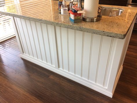 We covered our old kichen island with beadboard! Then added new trim molding in a shaker style pattern. Turned out really well for an inexpensive makeover. Kitchen Island Paneling Ideas, Island Paneling Ideas, Island With Beadboard, Kitchen Island Paneling, Old Kitchen Island, Island Paneling, Kitchen Island Back, Kitchen Island Molding, Beadboard Kitchen Island