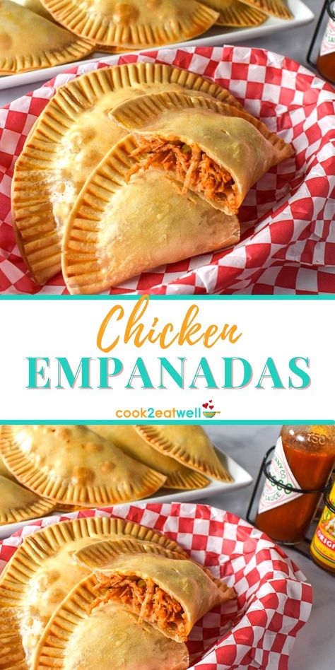 Two images of the chicken empanadas served in a basket with a red and white checkered liner. One of the empanadas is cut in half so the inside is visible. In the background there is a white platter with more and hot sauce to the back-right side. Shredded Chicken Empanadas, Empanadas Chicken, Chicken Empanada Recipe, Cheese Empanadas Recipe, Autumn Dinners, Easy Empanadas Recipe, Baked Empanadas, Cheese Empanadas, Chicken Empanadas