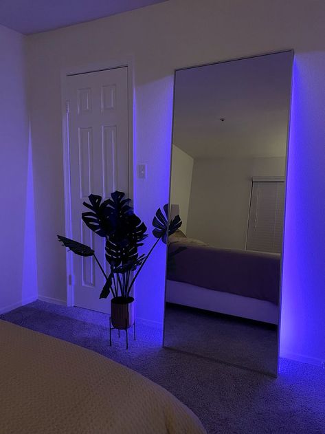 Adding these LED lights to my mirror completely changed the vibe of my room😍 #partnerlink Aesthetic Bathroom Led Lights, Aesthetic Rooms Led Lights, Long Mirror In Bedroom, Rave Room, Led Lights Bedroom Aesthetic, Hypebeast Room, My Mirror, Led Lighting Bedroom, Aesthetic Apartment