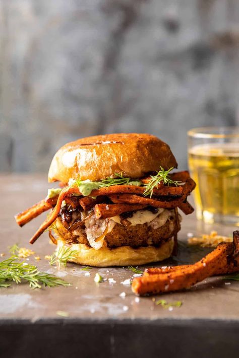 Crispy Quinoa Burgers Topped with Sweet Potato Fries and Beer Caramelized Onions | halfbakedharvest.com #quinoaburger Crispy Quinoa, Half Baked Harvest Recipes, Pizza Fritta, Quinoa Sweet Potato, Freezer Dinners, Quinoa Burgers, Cooking With Beer, Healthy Sandwiches, Harvest Recipes