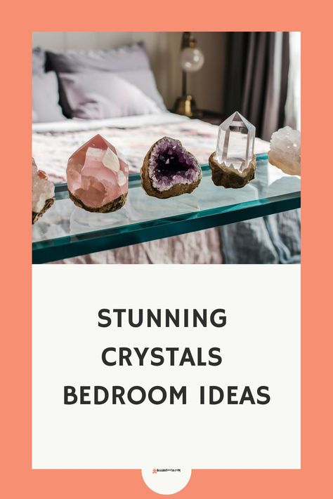 Stunning crystals displayed on a glass shelf with bed in the background, suggesting bedroom decor ideas. Boho Crystal Aesthetic, Crystals For Bedroom, Bedroom Crystals, Crystals Bedroom, Crystal Decor Ideas, Decorating With Crystals, Crystals For Sleep, Crystal Bedroom, Crystal Ideas