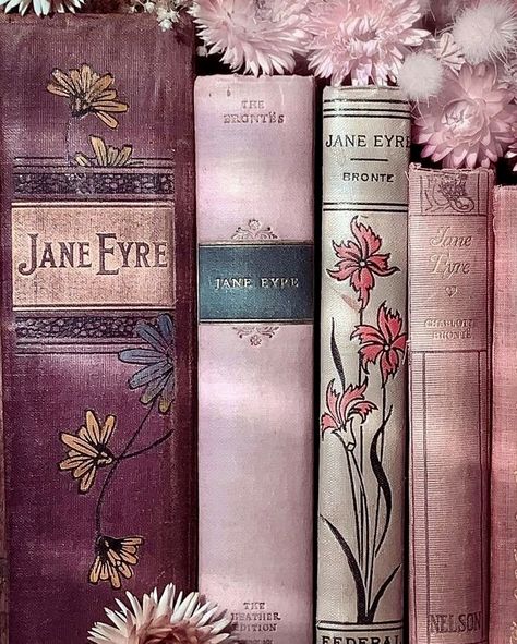 Meghan Aesthetic, Jane Eyre Book, Antique Library, Book Spines, Charlotte Brontë, Library Aesthetic, Book Spine, Vintage Book Covers, Pink Books