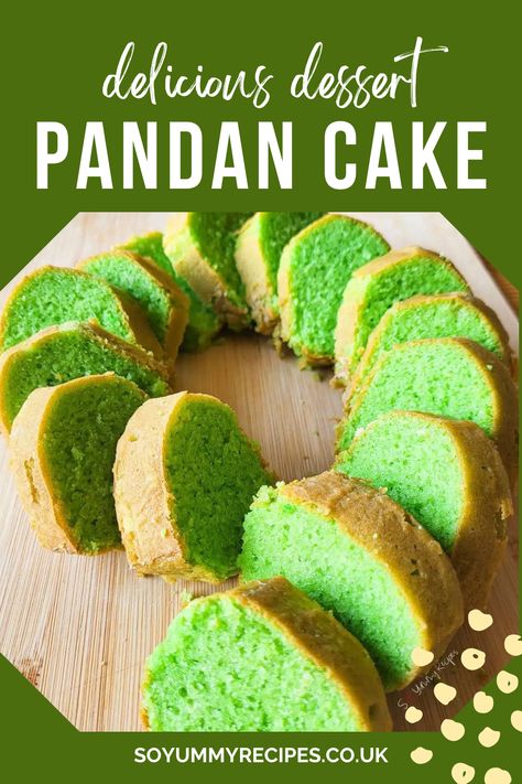 Made with natural pandan leaves and coconut milk, this Pandan Cake recipe is a combo that will make your mouth water. This family recipe is tried, tested, and absolutely delicious! Enjoy the recipe! Pandan Pound Cake, Vegan Pandan Cake, Pandan Bundt Cake, Pandan Recipe Sweets, Coconut Pandan Cake, Pandan Cake Recipe, Pandan Cupcakes, Pandan Dessert, Buko Pandan Recipe