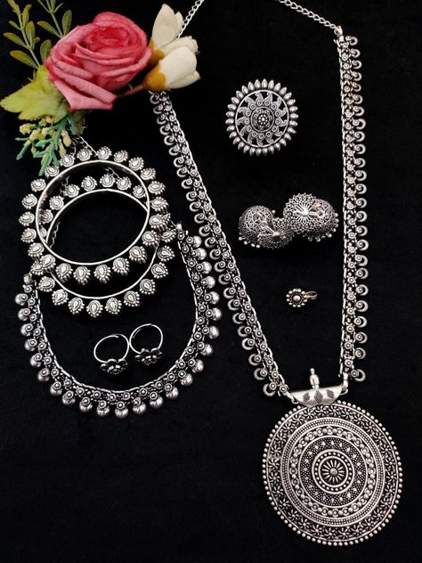 *Premium Quality Long Necklace full set with Short Necklace, Earrings, Ring, Nosepin, Toe rings and beautiful pair of Bangles 900 ₹ Free shipping*...⁰aj59 Oxidised Necklace, Oxidized Silver Necklace, Oxidized Necklace, Silver Necklace Set, Short Necklace, Oxidized Silver, Toe Rings, Necklace Earrings, Full Set