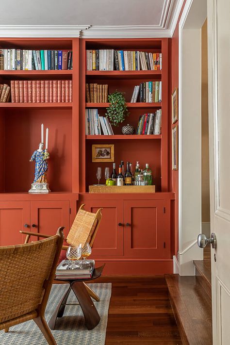 A colourful Battersea family home Orange Bookshelves, Picture Gallery Red, 2014 Instagram, British Homes, Neutral Interiors, Farrow And Ball, Red Rooms, Up House, Home Library