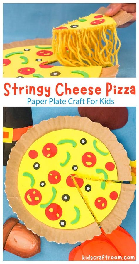 Kids will love making this Paper Plate Pizza Craft. The melted, stringy cheese looks good enough to eat! What a fun craft to encourage imaginative play! #kidscraftroom #kidscrafts #preschoolcrafts #playideas #pizza #imaginativeplay #dramaticplay #sensoryplay Pizza Craft For Preschool, Paper Plate Pizza Craft, Paper Plate Pizza, Plate Crafts For Kids, Pizza Project, Paper Plate Art, Pizza Craft, Yellow Crafts, Paper Plate Crafts For Kids