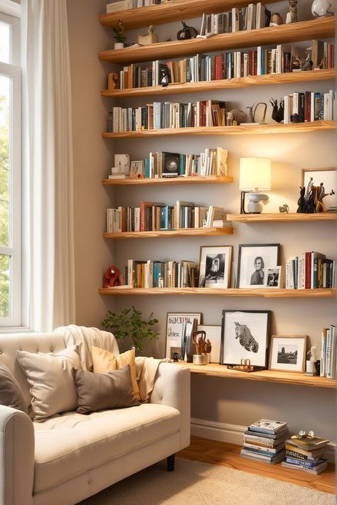 Explore 30 bookshelf ideas that combine style and functionality to transform your home decor. Nook Shelf Ideas, Home Library Shelving, Gaming And Reading Room, Library Lounge Room, Cozy Library Room Ideas, Lounge Library, Cozy Home Library, Home Library Rooms, Bedroom Nook