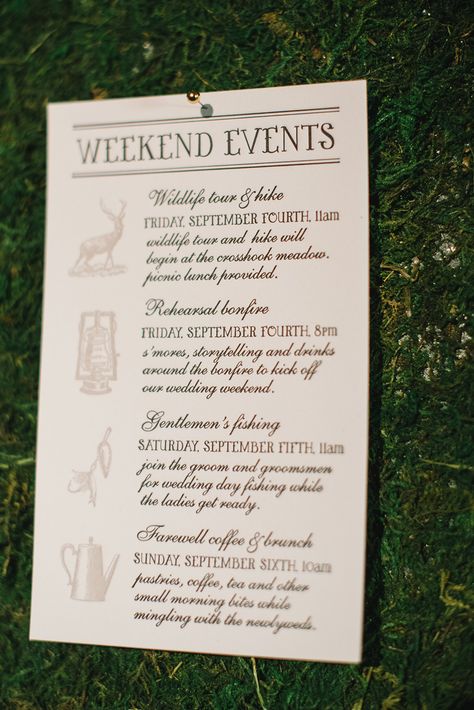 Wedding Weekend Itinerary, Campground Wedding, Woodland Wedding Inspiration, Wedding Itinerary, Weekend Itinerary, Wedding Week, Camp Wedding, Wedding Activities, Wedding Timeline