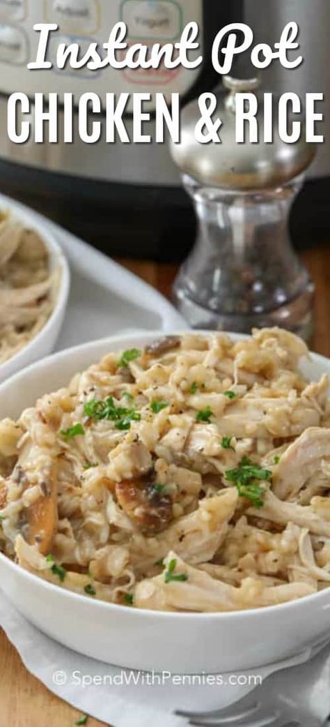 Instant Pot Chicken and Rice is incredibly delicious and ready in ... well, an instant! Tender shredded chicken and rice in a creamy mushroom sauce is the ultimate one pot comfort food! #spendwithpennies #instantpot #easyrecipe #quickrecipe #chickenandrice #chickenrecipe #weeknightrecipe #casserole #chickencasserole Shredded Chicken And Rice, Quick Casserole Recipes, Instant Pot Chicken And Rice, Easy Chicken And Rice, Pot Beef Stew, Creamy Mushroom Sauce, Cream Of Mushroom, Instant Pot Recipes Chicken, Instant Pot Dinner Recipes