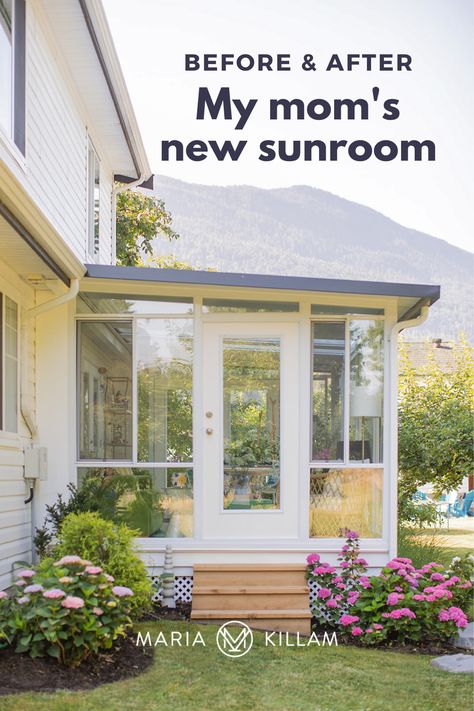 Today I’m sharing the exterior reveal of my mom’s new sunroom. This lovely new extension on her carriage house is the perfect solution to our west coast rainy seasons. See all the before and afters, plus see how landscaping took this exterior from ‘meh’ to fabulous! Sunroom Addition Townhouse, Enclosed Porch Sunroom, French Doors Into Sunroom, Mud Room Sunroom, Sunroom Door Ideas, Turn Porch Into Sunroom, Sunroom Exterior Doors, Sunroom And Patio Addition, Patio Converted To Sunroom