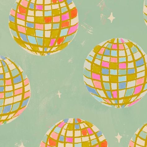 Samantha Johnson on Instagram: "It’s Friday! 🪩 . . . . . #artforlicensing #artlicensingdesign #licensingartist #printandpattern #illustrationart #colorpalette #color #pinkart #surfacepattern #surfacedesigner #illustration #illustrator #disco #discoball #discoart #pattern #birthday #wrappingpaper #mirrorball" Groovy Disco Aesthetic, Disco Ball Illustration Graphic Design, Disco Illustration Art, Disco Ball Pattern, Mirrorball Illustration, Natural Life Aesthetic, Retro Astethic, Disco Color Palette, Celebrate Aesthetic