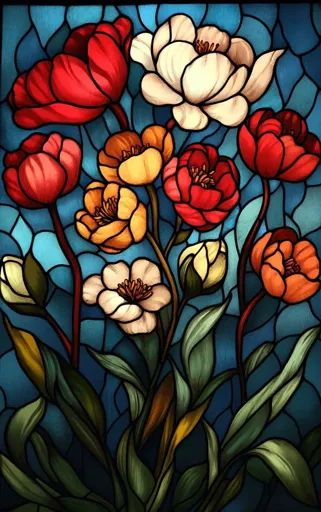 ↑↑↑ Larger size on website 🔸 This image shows a stained glass window depicting a bouquet of flowers. The flowers are a mixture of Stained Glass Floral Patterns, Stained Glass Hearts, Stained Glass Floral, Flower Stained Glass, Glass Hearts, Flower Window, A Bouquet Of Flowers, Stained Glass Flowers, White And Orange