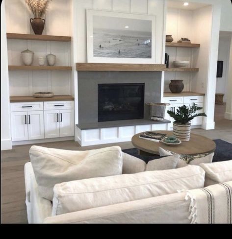 Fireplace With Open Shelves, Fire Ideas, Built In Around Fireplace, Tv Fal, Lower Cabinets, New House Living Room, Built In Shelves Living Room, Basement Living, Living Room Built Ins