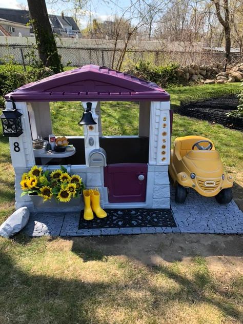 Outside Playhouse Ideas, Playhouse Outdoor Landscaping, Screened In Porch Playroom, Playhouse Add Ons, Decorate Playhouse, Playhouse Flower Bed, Surf Shop Playhouse, Playhouse Makeover Little Tikes, Paint Little Tikes Playhouse