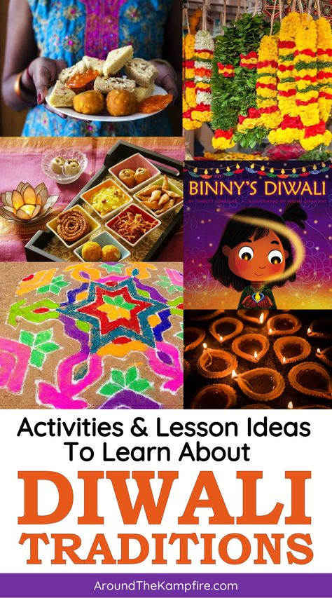 Diwali activities for kids with lesson ideas for teachers. Divali Ideas Preschool, Rangoli For Kids Diwali Craft, Diwali In The Classroom, Diwali Sensory Bin, Diwali For Preschoolers, Diwali Lesson Plans For Kids, Diwali Early Years Activities, Diwali School Project, Eid Activities For Toddlers