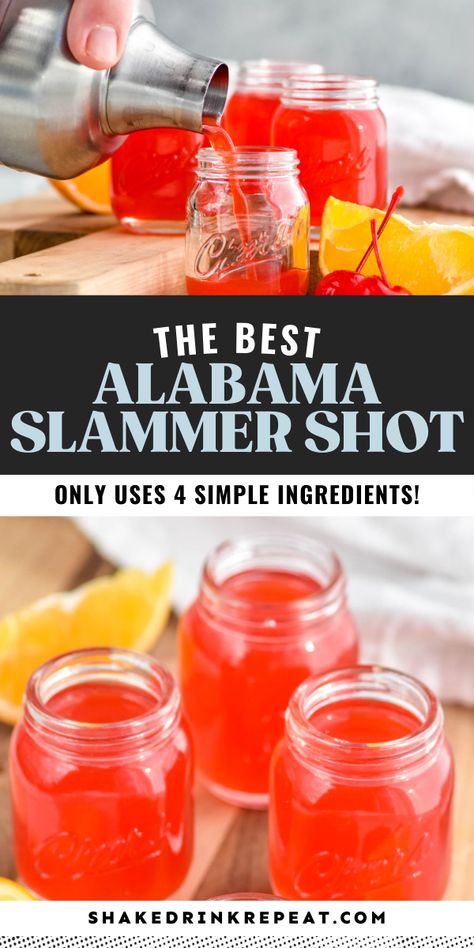 Fun and fruity, this crimson Alabama Slammer Shot is a quick shake-and-strain shot recipe that will make its way into your regular shot rotation. With just four ingredients and super simple steps, shot takers in every state will love this recipe. Common Shots At Bars, Football Shots Alcohol, Premade Shots, Easy Shots To Make In Bulk, Alabama Slammer Shot Recipe, Red Shots Alcohol, Shots For A Crowd, Shooters Alcohol Recipes, Fruity Shots