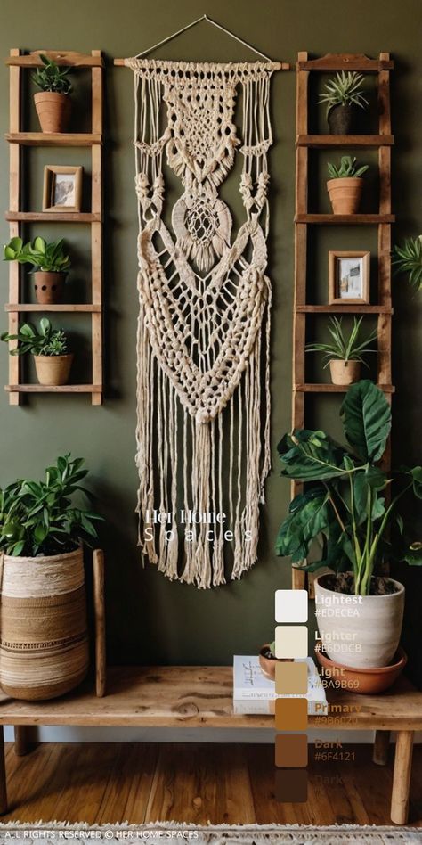 A dorm room wall with a boho-inspired macramé wall hanging as the centerpiece, accompanied by small framed botanical prints and a shelf with earthy decor. Boho Reading Nook, Bohemian Wall Tapestry, Boho Interior Design, Free Spirit Style, Bohemian Wall, Boho House, Cozy Reading Nook, Cozy Reading, Boho Interior