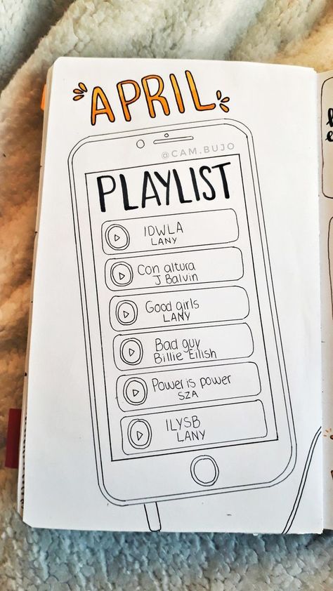 Playlist Drawing Aesthetic, What Can I Write In My Diary, Playlist Drawing Ideas, Bujo Playlist, Playlist Drawing, Playlist Bullet Journal, April Playlist, Playlist Design, Bullet Journal Work