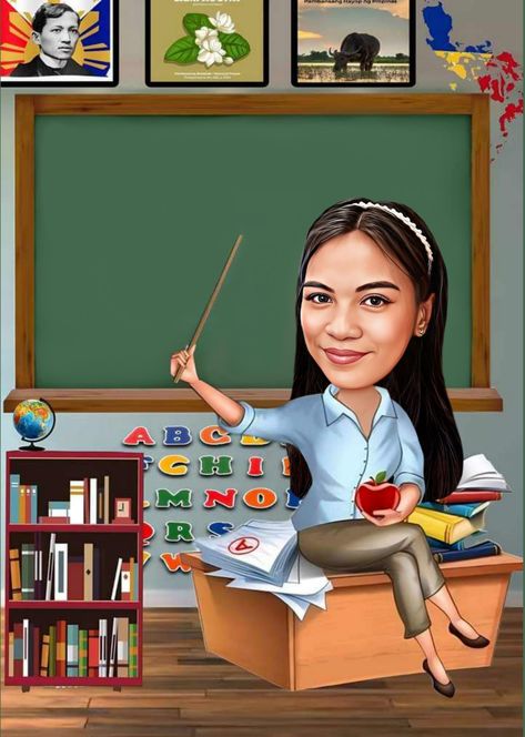 Teacher Caricature Drawing, Caricature Teacher, Teachers Cartoon, Food Background Wallpapers, Camping Drawing, Cartoon Template, Cute Template, Baby Blue Background, Teacher Cartoon