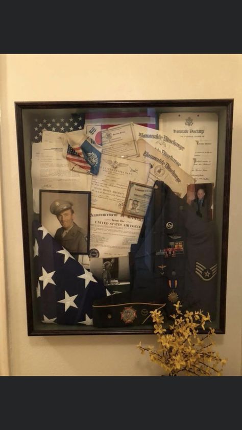 Military Shadow Box Ideas Army, Military Memorabilia Display, Military Shadow Box Ideas, Military Letters, Large Shadow Box, Folded Flag, Picture Storage, Shadow Box Memory, Memorabilia Display