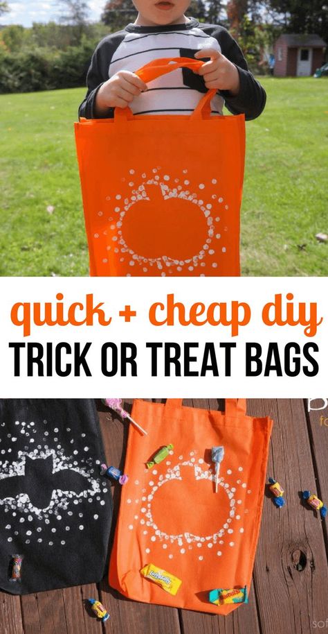 Quick and Easy Trick or Treat Bags- DIY Halloween Bags- Halloween Crafts for Kids Canvas Trick Or Treat Bags Diy, Trick Or Treat Diy Bags, Trick Or Treat Bag Craft Preschool, Decorate Your Own Halloween Bag, Preschool Trick Or Treat Bags, Halloween Bag Decorating Ideas, Decorate Halloween Bags, Diy Halloween Gift Bags, Diy Halloween Bags Trick Or Treat