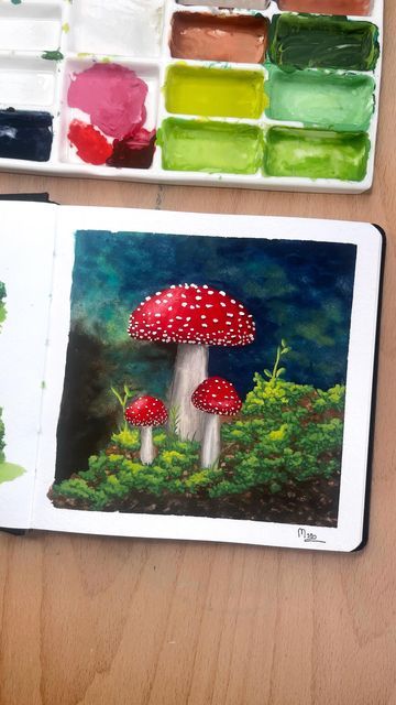 María on Instagram: "New page of my sketchbook 📖 I always wanted to paint one of these 🤗 I injured my foot so I had time to make this painting in one day 😅 . . . #hahnemühle #hahnemuhlepaper #hahnemühlewatercolourbook #holbein #holbeingouache #toadstool #toadstools🍄 #mushrooms #mushroom #mushrooms🍄 #mushroompainting #naturepainting #winterpainting #naturepainting #gouachenature #arteverywhere #sketchbooking #sketchbooks #gouacheforest #beginnerart" Mushroom Landscape Painting, Gouache Mushroom, Gouache Art For Beginners, Acrylic Painting For Kids, Beginners Painting, Art Theory, Beginner Art, Art Camp, Gouache Art