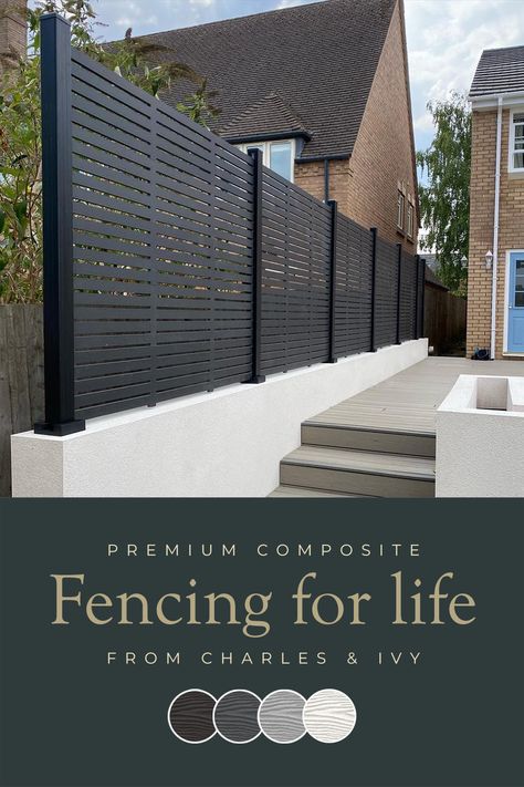 Our Aspen slatted screen premium composite fence screen paired with our high-grade aluminium fence posts create an elegant, versatile, and eco-friendly fencing solution. Not only is this fencing responsibly sourced, it is also durable, long-lasting and requires no maintenance or painting. Fence Black Metal, Driveway Screening Ideas, Garden Metal Fence, Black Metal Fencing, Aluminum Slat Fence, Black Composite Fence, Composite Fence Panels, Aluminium Fence Ideas, Black Metal Fence Backyard