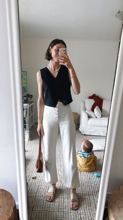 Girl wearing white wide leg jeans and a black suit vest. Gamine Summer Outfits, Emily Elizabeth, Summer Outfit Inspiration, Pinterest Outfits, Spring Summer 2023, Summer Outfit Ideas, Spring Summer Outfits, The Outfit, Summer 2023