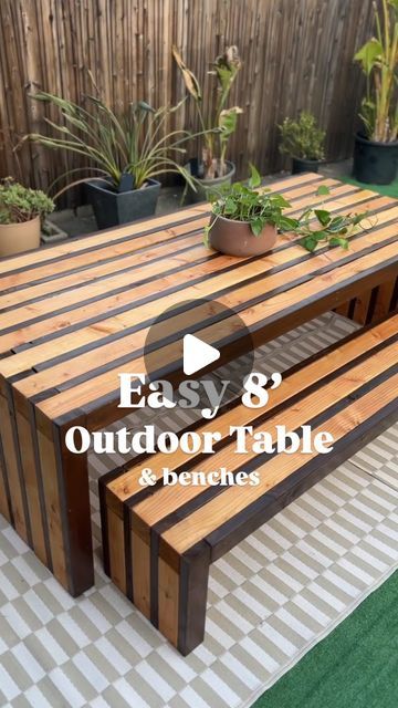 Deanna Dunn on Instagram: "Follow @deannadunn for more! Going to post a full tutorial for this DIY with a price breakdown, wood cut list and products used to make your own 8’ table! 

This striped outdoor patio table and bench concept is pretty simple to do - the hardest part is lugging all this wood 😅 but it’s so big and makes such a statement 😍 and you know I’ve been loving my striped wood lately! What do you think?!" Porch Table Diy, Gazebo Table Ideas, Picnic Table Paint Ideas, Outdoor Table Diy, Wooden Patio Table, Diy Patio Bench, Diy Wood Table, Diy Table Design, Sicily House