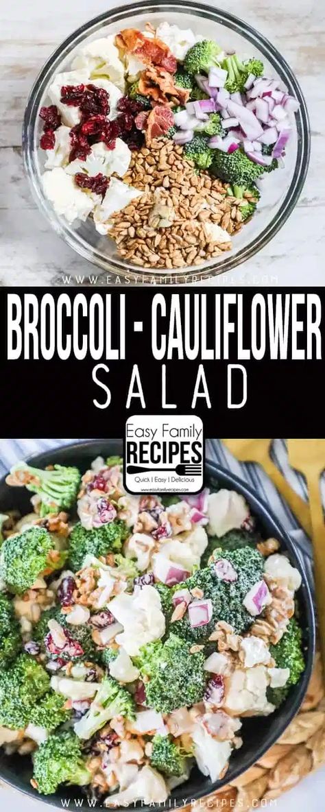 {BEST EVER} Broccoli Cauliflower Salad · Easy Family Recipes Brocoli And Cauliflower Salad, American Meals, Healthful Foods, Sweet Salads, Sauteed Asparagus, Heath Food, Delicious Broccoli, Recipes Sides, Broccoli Cauliflower Salad