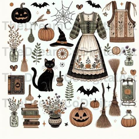 Cottage Core Halloween, Spooky Cottage, Cottagecore Halloween, Clipart Vintage, Floral Png, Halloween Clipart, Journal Kit, Kit Digital, Black Cats