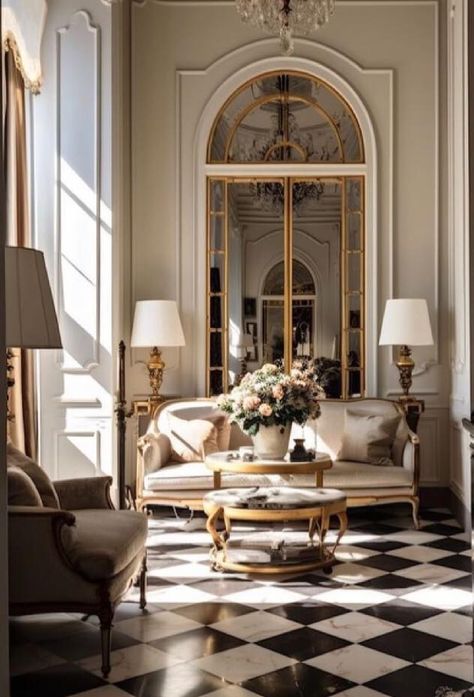 Elegant living room with checkered marble floor and European style design - via @chateauderon (AI design). #checkeredfloors #timelessdesign Checkered Marble Floor, Glamorous Living Room, Beautiful Tile Floor, Blue Tile Wall, Italian Interior Design, European Home, Italian Interior, Hello Lovely, House Tiles