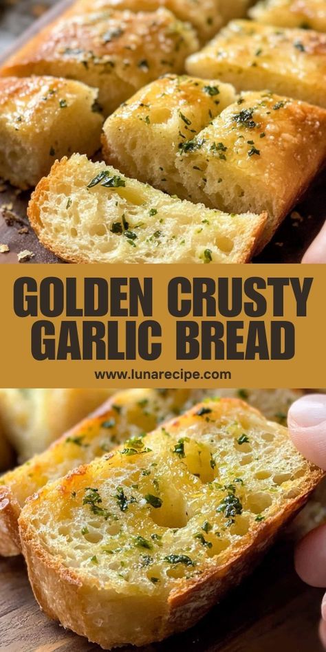 This Golden Crusty Garlic Bread is the ultimate side dish, featuring a crispy crust and a buttery, garlicky center! 🥖🧄 Perfectly toasted and packed with flavor, it’s the ideal accompaniment to pasta, soups, or salads. Quick and easy to make, this garlic bread is always a crowd-pleaser.  📌 Pin this recipe to bake golden and delicious garlic bread for your next meal! #GarlicBread #CrispyBread #EasySideDishes #ComfortFood #QuickRecipes #GoldenCrust Making Garlic Bread With Sliced Bread, Easy Crusty Bread Quick, Crusty Garlic Bread, Quick Garlic Bread From Scratch, Garlic Bread For A Crowd, How To Make Garlic Bread, Garlic Bread Spread Recipe, Garlic Bread With Sliced Bread, Garlic Bread Recipe Homemade