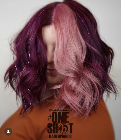 Vivid Hair Color Trends 2023, Red Violet And Pink Hair, Valentine's Day Hair Color, Wine And Pink Hair, Purple Hair With Tinsel, Pink Vivid Hair, Vivid Hair Color Short Hair, Multi Pink Hair, Berry Colored Hair