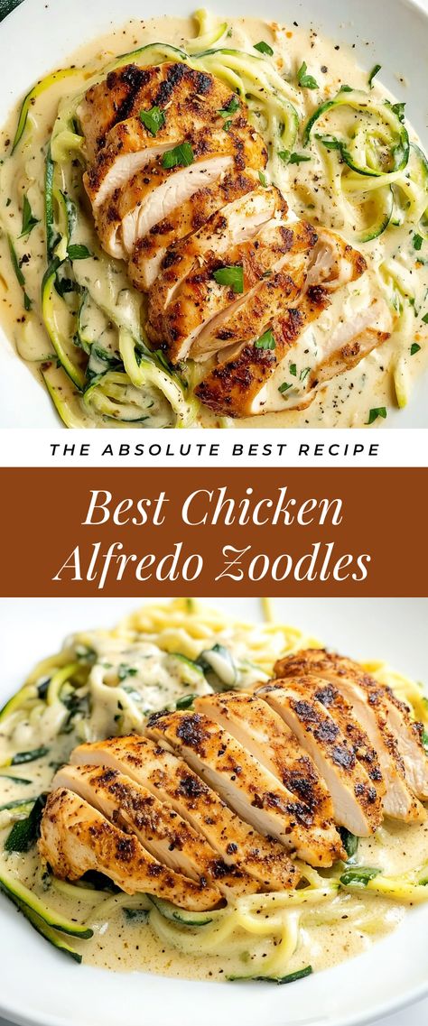 Image for Best Chicken Alfredo Zoodles Chicken And Zoodle Recipes, Best Chicken Alfredo, Alfredo Zoodles, Healthy Chicken Alfredo, Cajun Chicken Alfredo, Night Dinner Recipes, Date Night At Home, Zoodle Recipes, Shirataki Noodles