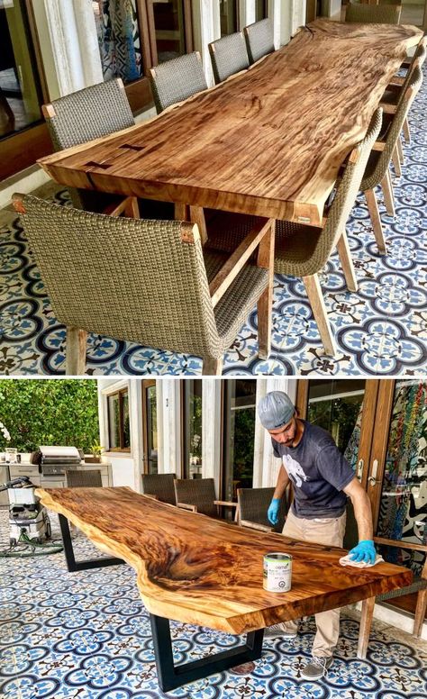 Outdoor Live Edge Table by Doro Designs at Private Residence, Miami Beach Live Edge Patio Table, Outdoor Live Edge Table, Live Edge Outdoor Table, Timber Outdoor Table, Timber Table Design, Rustic Outdoor Table, Wooden Outdoor Table, Live Edge Bed, Wood Patio Table