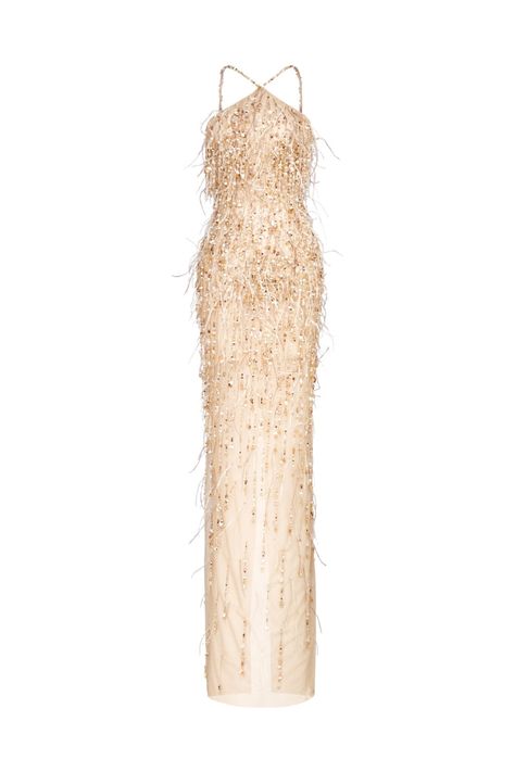 Dress With Ostrich Feathers, Tassle Dress Prom, Feather Dress Long, Luxury Fitted Maxi Dress With Feather Trim, Glamorous Floor-length Dresses With Feather Trim, Luxury Feathered Floor-length Dress, Luxury Feather Trim Dress, Dresses By Texture, Elegant Feather-embellished Dresses