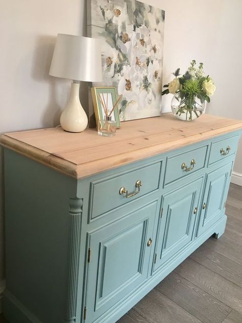 Upcycled Living Room Furniture, Upcycled Oak Furniture, Buffet Table Flip, Oak Sideboard Makeover, Pine Sideboard Upcycle, Stained Top Painted Bottom Furniture, Natural Wood And Painted Furniture, Restored Buffet Cabinet, Sideboard Paint Ideas