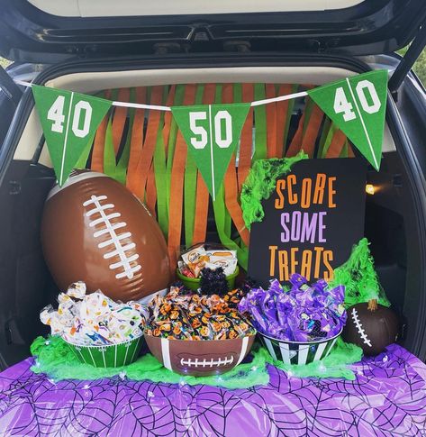 Trunk Or Treat Ideas Football Theme, Cheerleader Trunk Or Treat Ideas, Football Trunk Or Treat Ideas For Suv, Nfl Trunk Or Treat Ideas, Trunk Or Treat Prize Ideas, Trunk Or Treat Suv Easy, Football Trunk Or Treat Ideas For Trucks, Trunk Or Treat Tailgate Theme, Halloween Football Theme