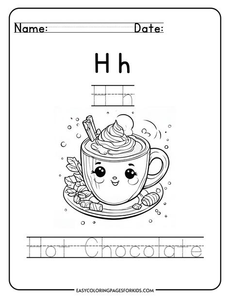 Coloring page for kids featuring the letter "H" with a cute illustration of a smiling hot chocolate cup topped with whipped cream and chocolate sticks, designed for educational purposes. Marshmallow Template Free Printable, Hot Chocolate Worksheet, Hot Chocolate Preschool Activities, Hot Chocolate Activities Preschool, Hot Chocolate Crafts For Kids, Counting Preschool Activities, Mug Template Free Printable, Polar Express Activities Preschool, Hot Chocolate Craft