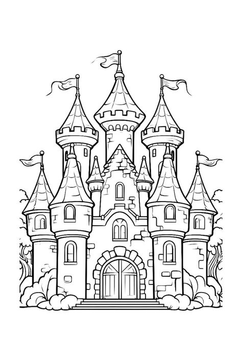 Cartoon Castle Drawing, Castle Coloring Pages Free Printable, Fantasy Castle Drawing Easy, Castle Tattoo Stencil, Cute Coloring Pages Disney, How To Draw A Castle, Simple Castle Drawing, Castle Drawing Sketches, Medieval Castle Drawing