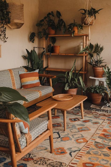 Elevate your living space with boho-rustic decor. Blend colorful rugs, hanging planters, and neutral hues with natural wood furniture to achieve a harmonious and inviting design. #BohoRusticDecor #LivingRoomGoals #CozyVibes #HomeDesignInspiration #RusticLivingRoom #BohoChicStyle #PatternedRugs #NaturalTextures #HousePlantsDecor #WarmInteriors Boho Studio Apartment Ideas, Boho Studio Apartment, Boho Rustic Living Room, Farmhouse Gothic, Hippie Apartment, Apartment Upgrades, Room Decor For Men, Apartment Ideas Aesthetic, Houseplants Decor