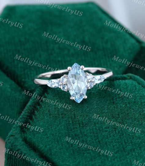 Marquise Engagement Ring With Sapphires, Blue Marquise Ring, Aquamarine Engagement Ring Vintage, Oval Sapphire Engagement Ring, White Gold Engagement Rings Vintage, Blue Diamond Engagement Ring, Gray Ring, Marquise Cut Engagement Ring, Timeless Engagement Ring