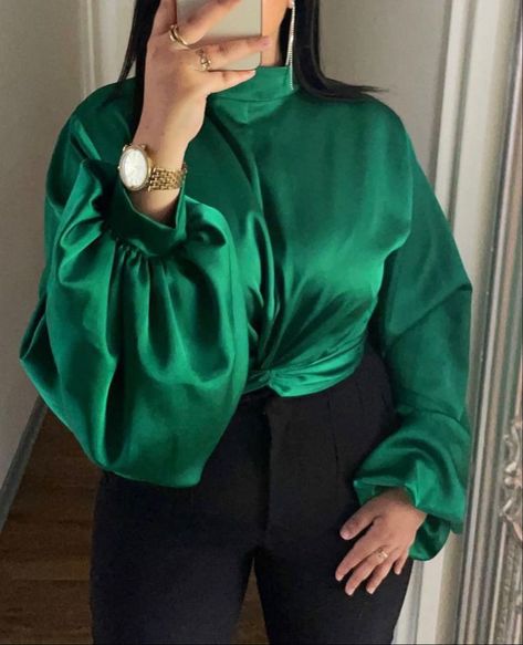 A mirror selfie of a girl wearing a green top and black jeans Silk Top Outfit, Corporate Girl, Corporate Outfit, Satin Outfit, Classy Wear, Chic Dress Classy, African Inspired Clothing, African Print Dress Designs, Stylish Work Attire