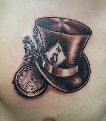 Mad Hatter and Watch Mad Hatter Tattoo, Mad Hatter Quotes, Alice And Wonderland Tattoos, Mad Hatter Hat, Wonderland Tattoo, Watch Tattoos, Disney Tattoos, Trendy Tattoos, Love Tattoos